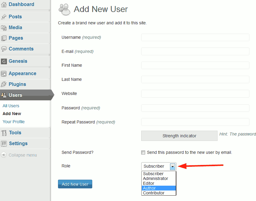 WordPress new user form.
