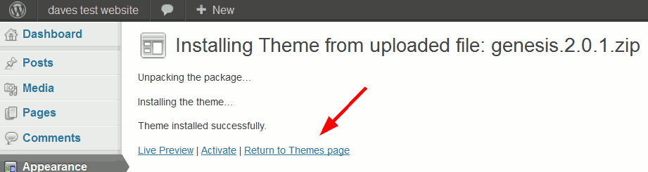 return to wordpress themes page