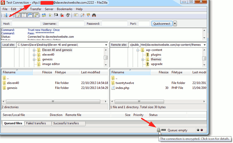 FileZilla connected to HostGator server.