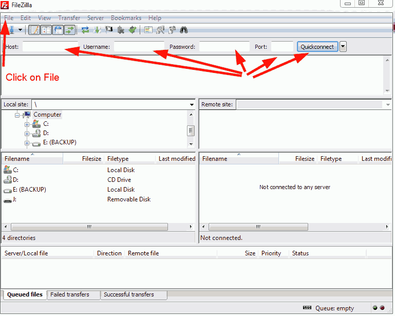 FileZilla login options.