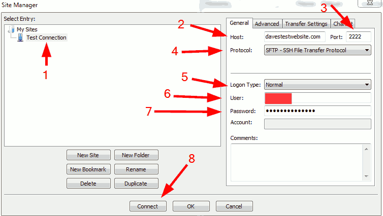 FileZilla new connection settings.