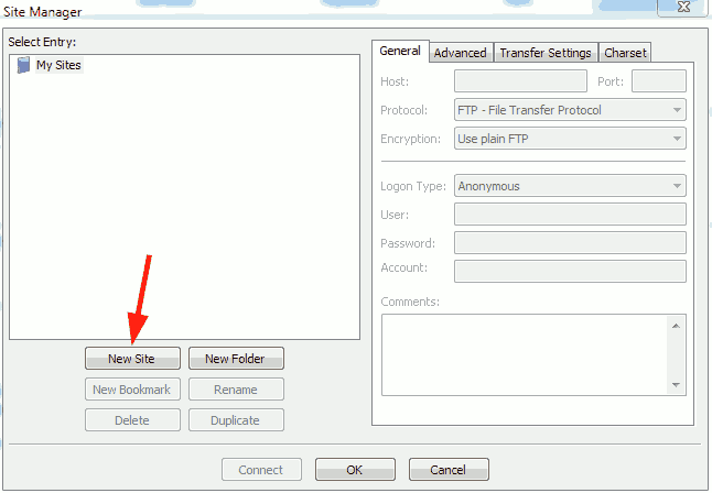 FileZilla site manager add new connection.