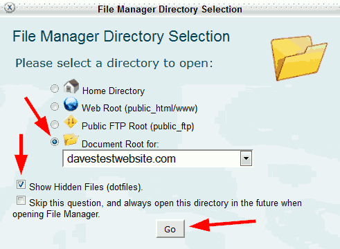 HostGator file manager directory selection.
