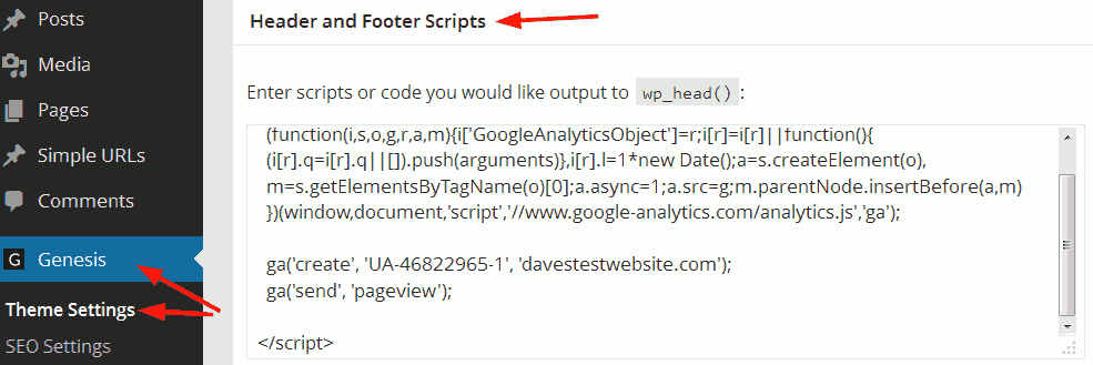 Analytics code in header